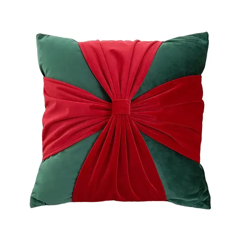 Square velvet pillow cover with bold red and deep green decorbites christmas bow patchwork for festive home decor