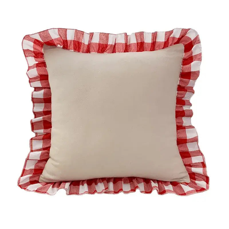 Cream-colored cream-colored cushion with ruffled red and white gingham border in decorbites christmas bow velvet set