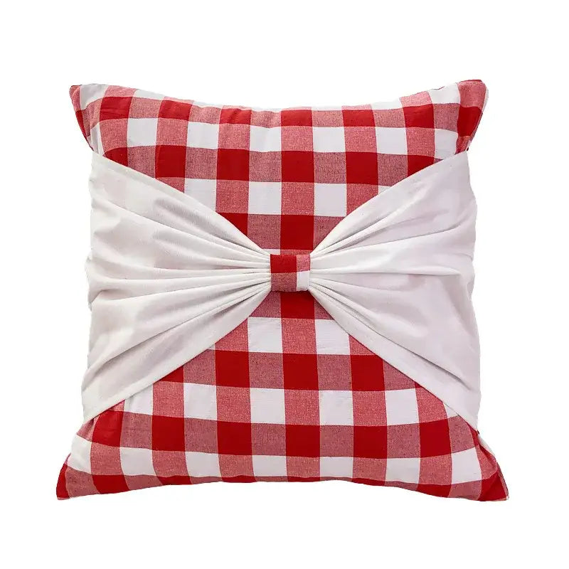 Decorbites christmas bow patchwork velvet pillow cover set with red and white gingham and a white fabric bow for festive decor