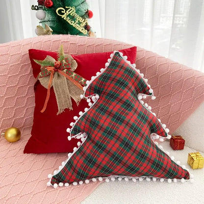 Red and green plaid christmas tree-shaped pillow with white pom-pom trim from decorbites christmas bow patchwork velvet set