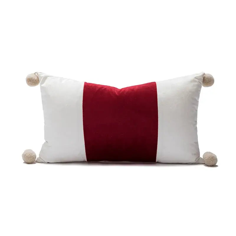 A decorbites christmas bow patchwork velvet pillow cover set with red white stripes and beige pom-poms for festive decor