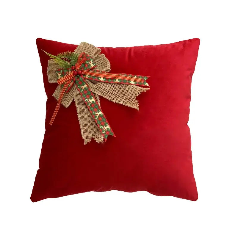Decorbites christmas bow patchwork velvet pillow cover in red velvet with burlap plaid bow and greenery for festive decor