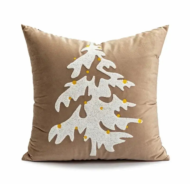 Beige velvet christmas candy cushion by decorbites christmas candy featuring white embroidered tree with gold dots