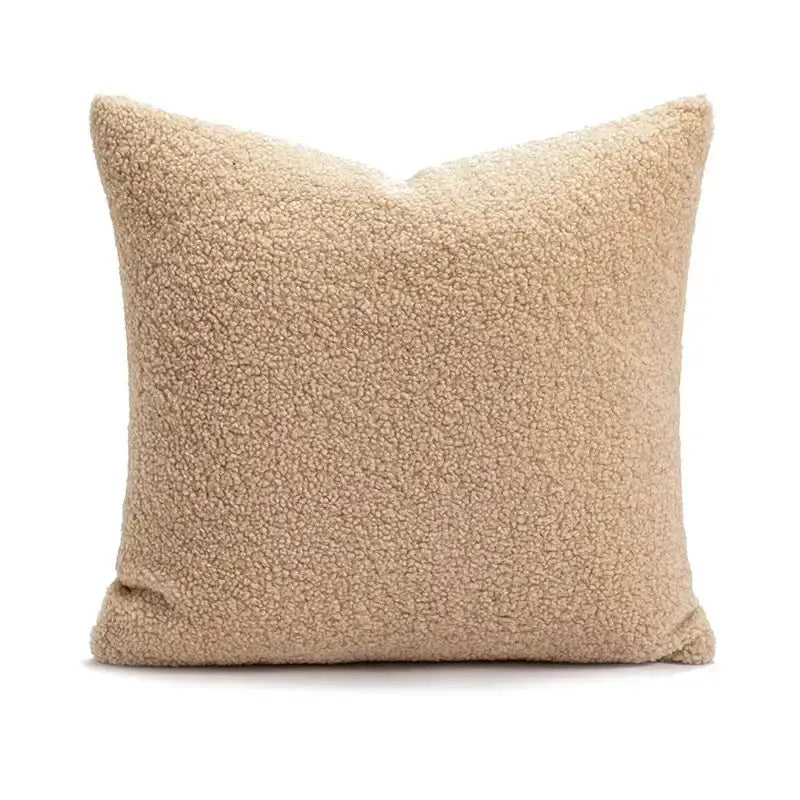 Beige faux shearling throw pillow with soft textured surface from decorbites christmas candy cushions for sofa