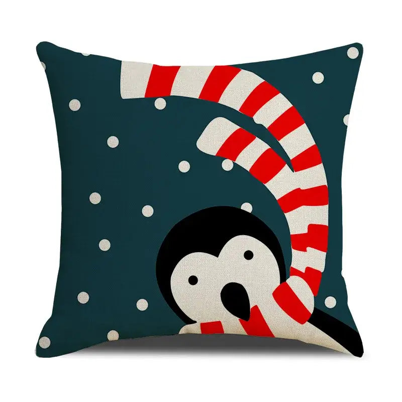 Decorbites christmas cartoon navy blue linen throw pillow with playful penguin and candy cane festive design
