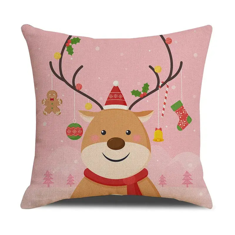 Pink DecorBites christmas cartoon throw pillow featuring a cartoon animal linen reindeer with festive ornaments