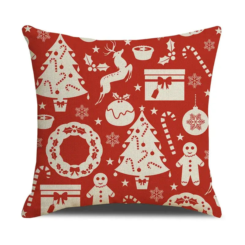 Red throw pillow with white christmas cartoon animal patterns in linen fabric for festive decorbites christmas cartoon use
