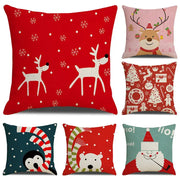 Red christmas-themed decorbites christmas cartoon animal linen pillowcase with white reindeer and snowflake patterns