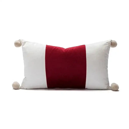 Rectangular decorbites christmas cartoon cushion cover with bold red and white stripes and beige pom-poms at corners