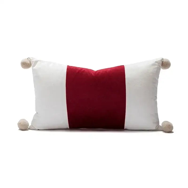 Rectangular decorbites christmas cartoon cushion cover with bold red and white stripes and beige pom-poms at corners