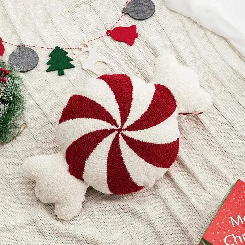 Red and white striped plush cushion cover shaped like a candy cane decorbites christmas cartoon festive design