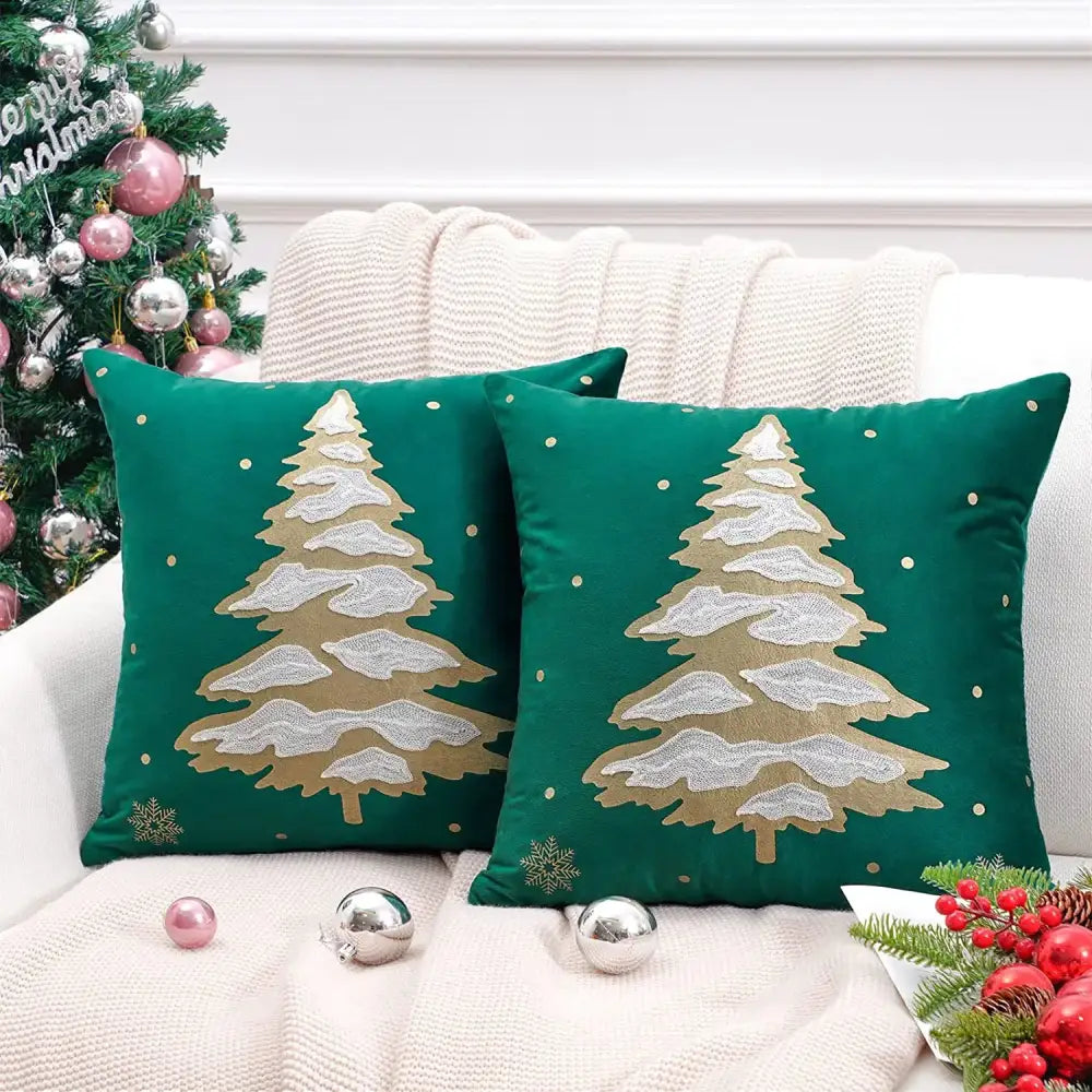 Deep green velvet pillow cover with gold and silver embroidered snow-covered pine trees by decorbites christmas cartoon