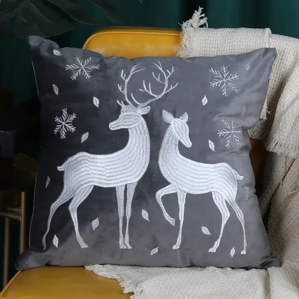 Gray velvet pillow cover with white embroidered deer and snowflakes decorbites christmas cartoon festive decor