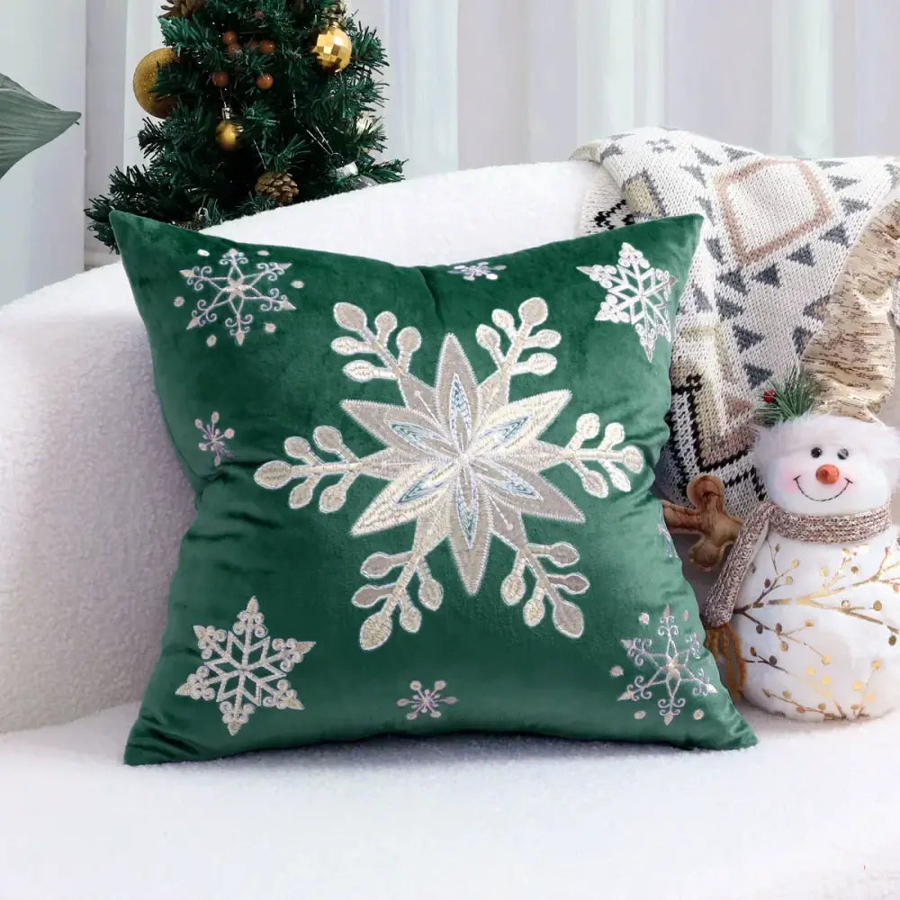 Deep green velvet pillow cover with intricate silver and white embroidered snowflakes for decorbites christmas cartoon decor