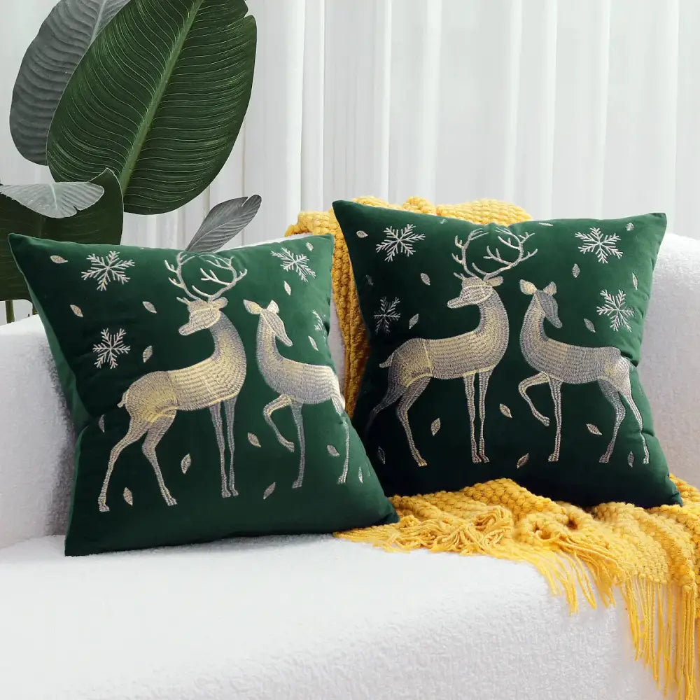 Deep green velvet pillow covers with decorbites christmas cartoon embroidered gold deer and snowflake patterns for festive decor