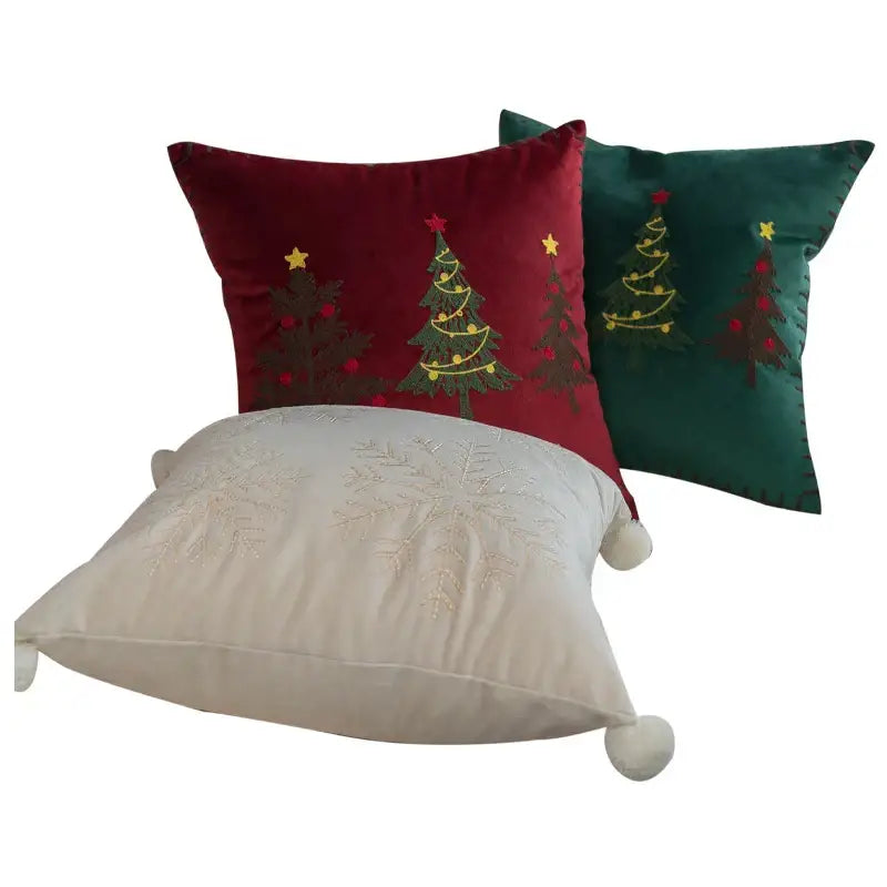 Set of three DecorBites Christmas cartoon pillow covers with embroidered trees and snowflakes on velvet for festive decor