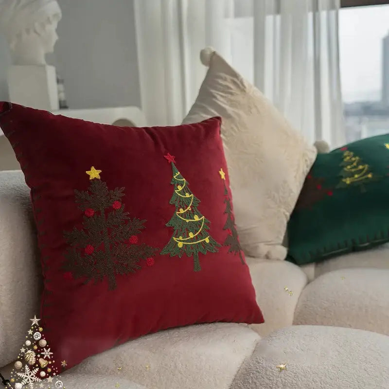 Red velvet pillow cover with christmas cartoon embroidered green trees gold stars and red berries by decorbites christmas cartoon