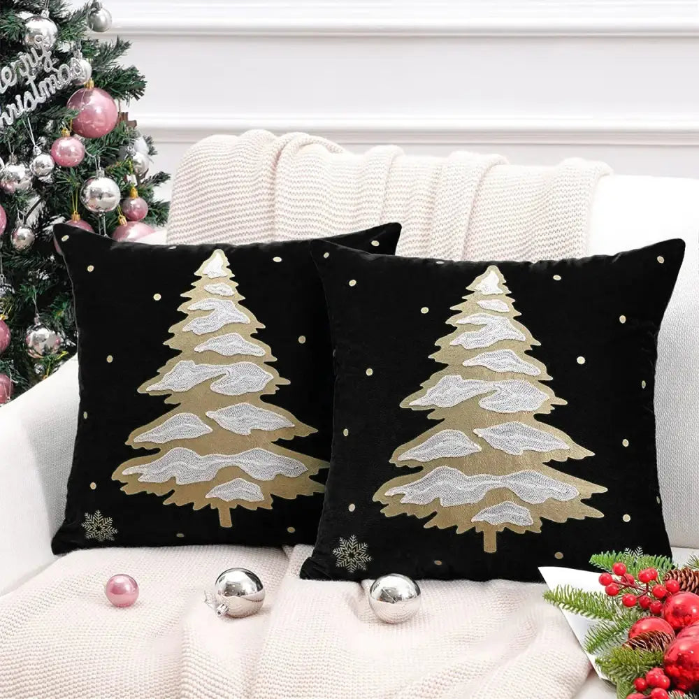 Black velvet pillow cover with decorbites christmas cartoon embroidered gold and silver snow-covered pine tree design