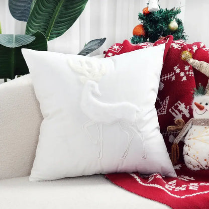 White pillow cover with raised embroidered reindeer design from decorbites christmas cartoon festive set