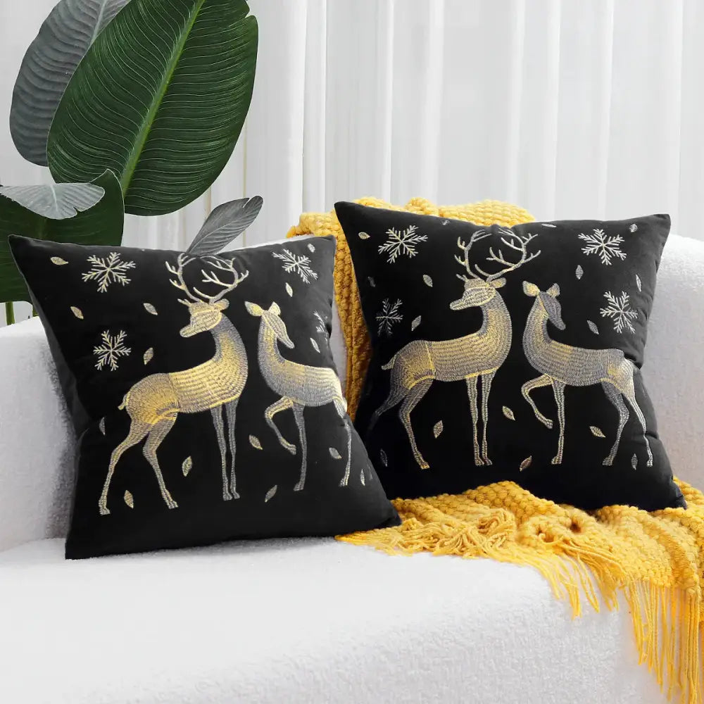 Black velvet pillow cover set by decorbites christmas cartoon featuring embroidered gold and silver deer with snowflakes