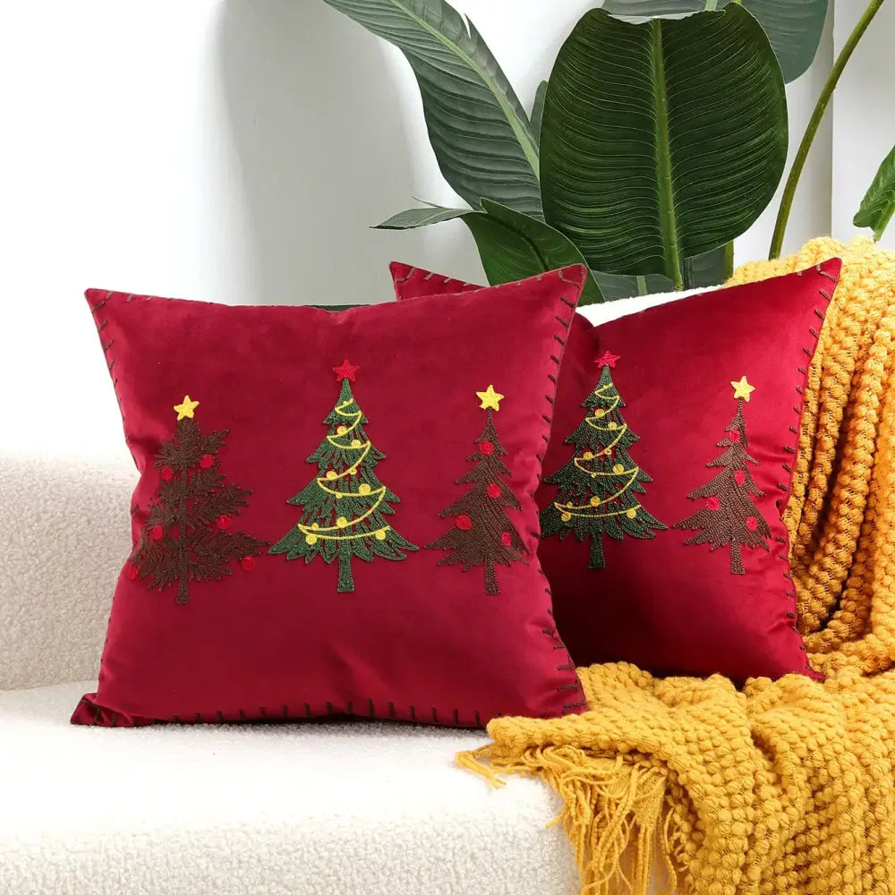 Red velvet pillow cover with embroidered green trees yellow stars and red ornaments decorbites christmas cartoon design