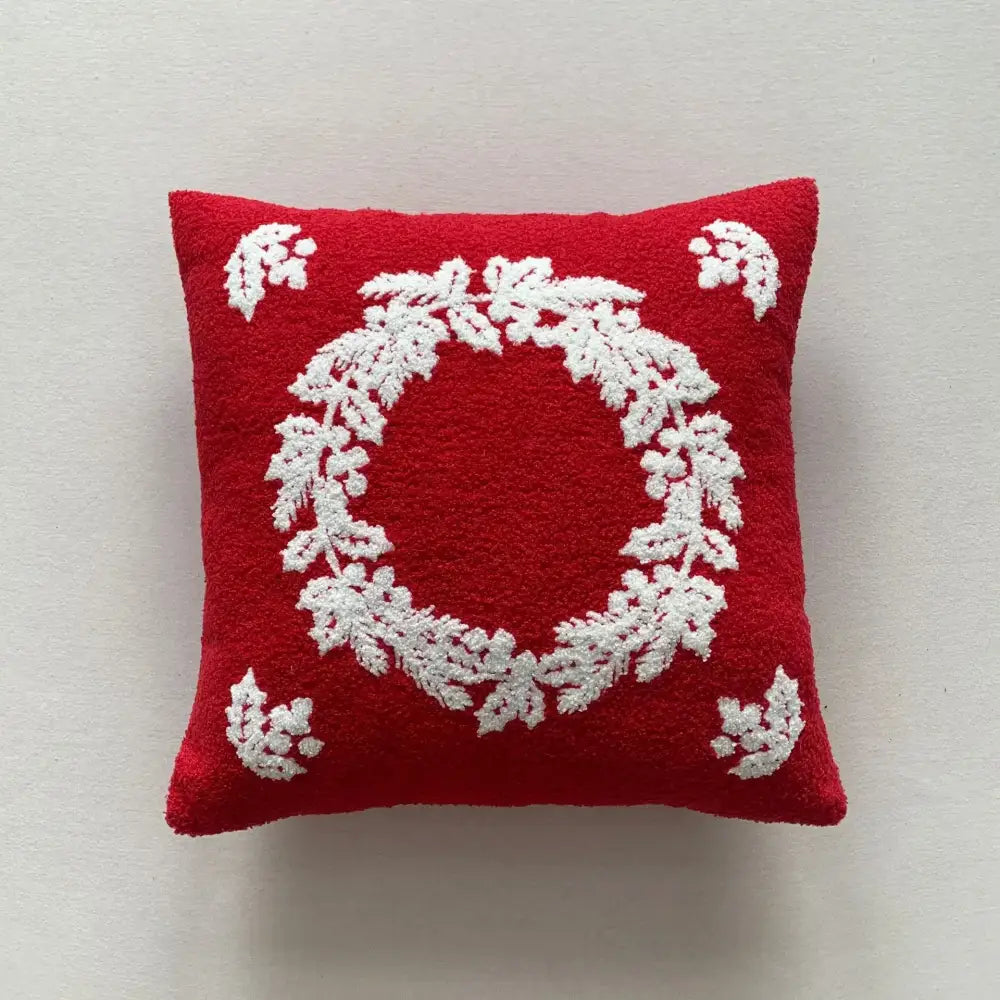 Red square embroidered pillow with white wreath design from decorbites christmas cartoon embroidered pillow cover set