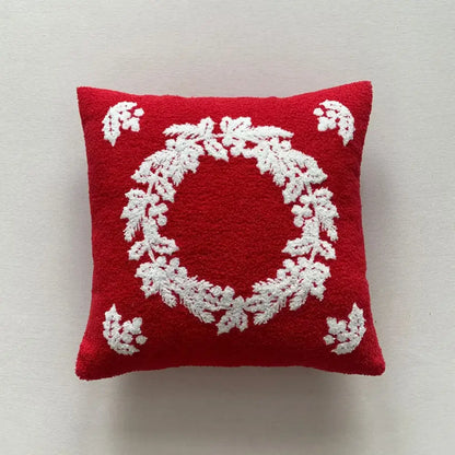 Red square embroidered pillow with white wreath design from decorbites christmas cartoon embroidered pillow cover set