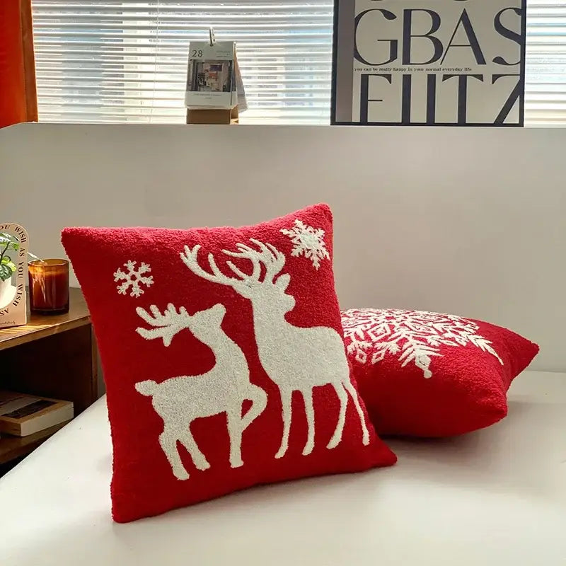 Red plush pillow cover with white embroidered reindeer and snowflake designs for decorbites christmas cartoon decor