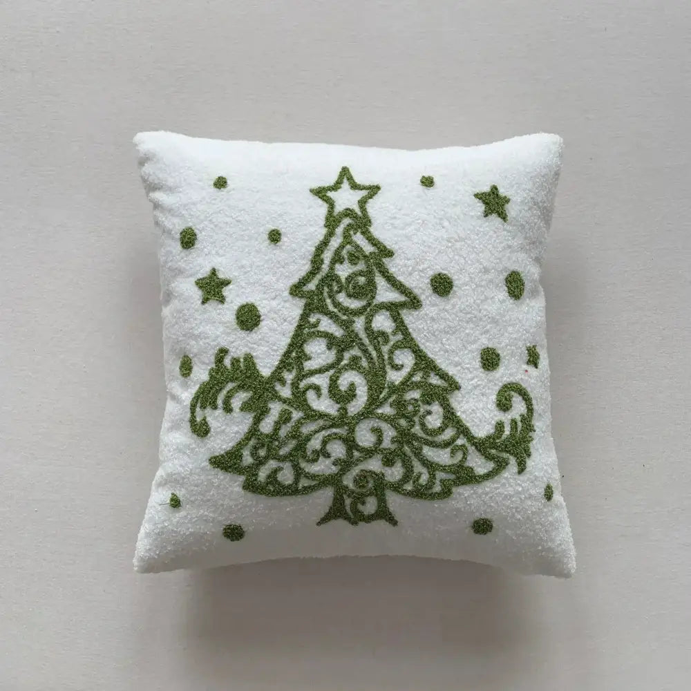 White plush pillow cover with embroidered olive green christmas cartoon tree and stars by decorbites christmas cartoon