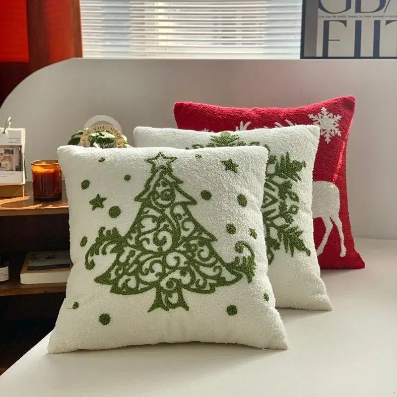White plush pillow cover with green christmas tree decorbites christmas cartoon embroidered for festive sofa decor