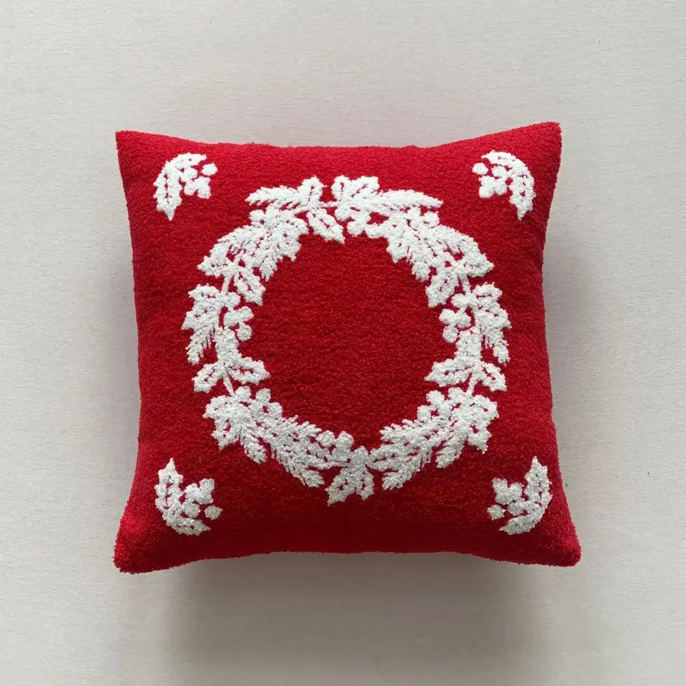 Red cushion pillow cover with white embroidered wreath design for decorbites christmas cartoon festive sofa decor