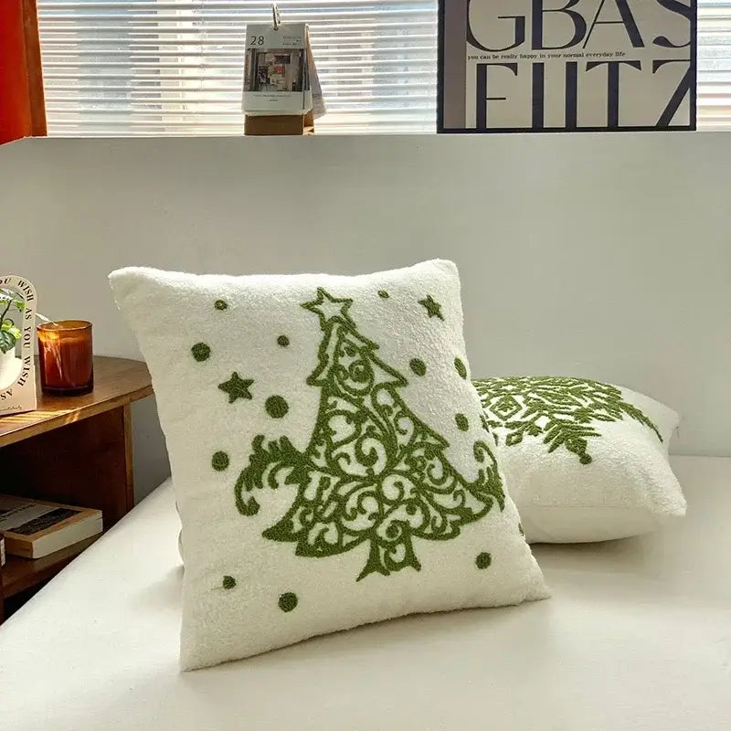 White plush pillow cover with olive green embroidered christmas tree design for decorbites christmas cartoon decor