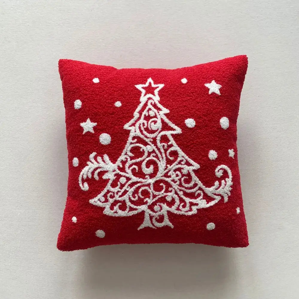 Red cushion pillow cover with white embroidered christmas tree and stars from decorbites christmas cartoon collection