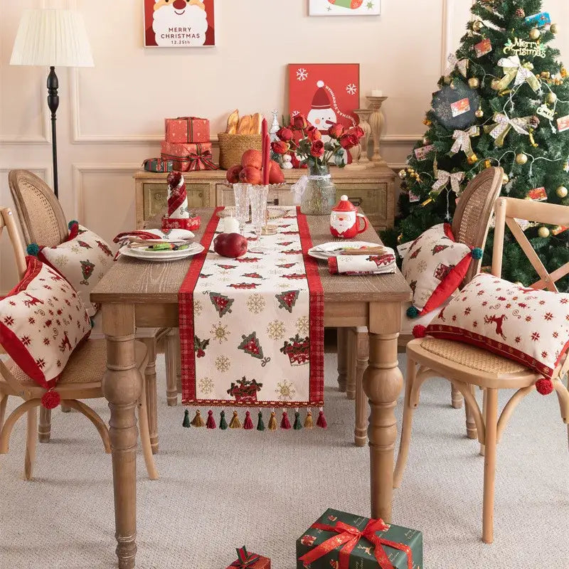 Decorbites™ christmas cartoon jacquard table runner with red and white embroidered tassel featuring snowflakes and reindeer for dining room decor
