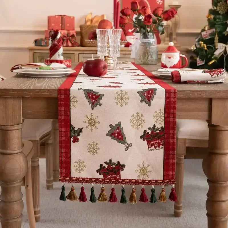 DecorBites Christmas cartoon jacquard table runner in red and cream with embroidered tassel for festive dining room decor