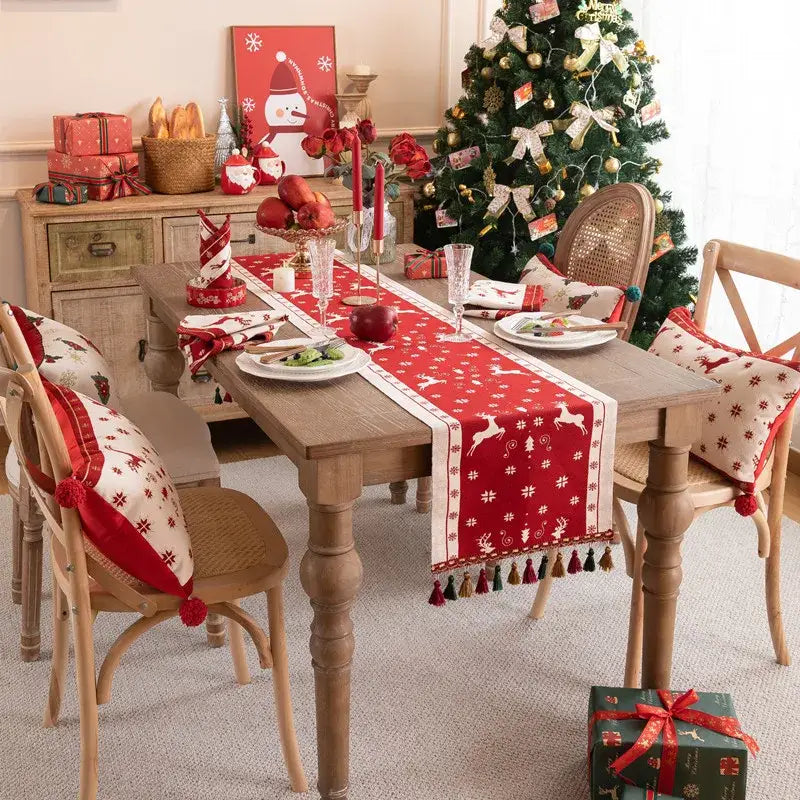 DecorBites™ red christmas table runner with white reindeer snowflakes and embroidered tassel for dining room decor