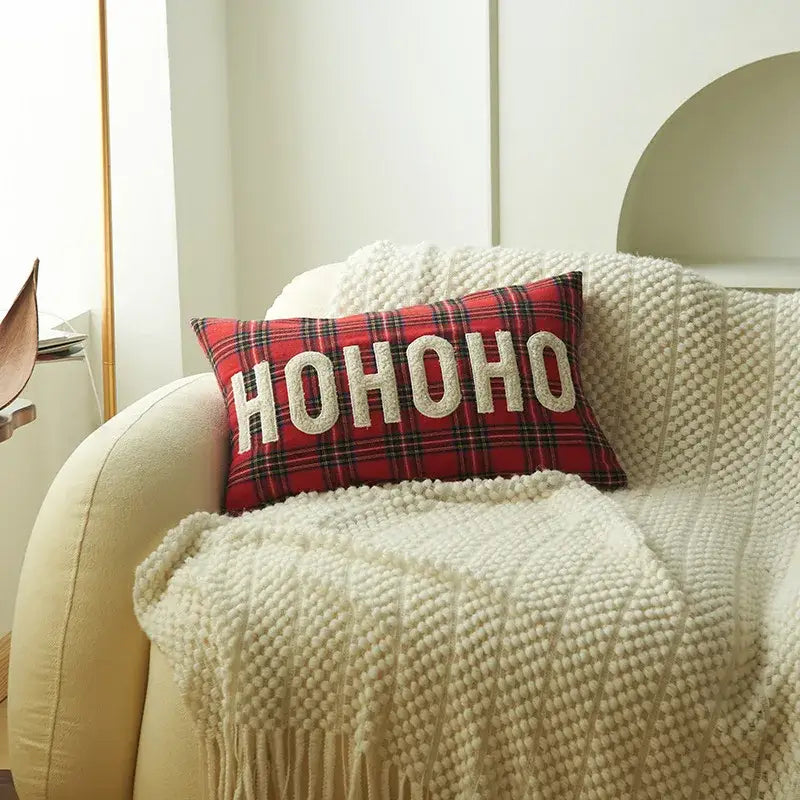 Red plaid pillow cover with cream embroidered hohoo letters from decorbites christmas cartoon letter collection