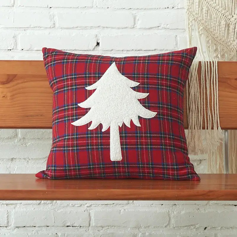 Red plaid pillow cover with white felt tree appliqué from decorbites christmas cartoon letter collection