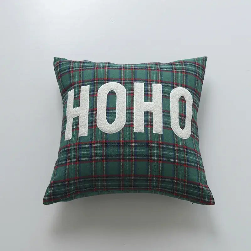 Green plaid pillow cover with white embroidered ho ho letters from decorbites christmas cartoon festive collection