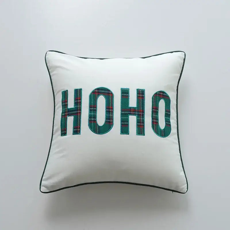 White square pillow cover with ho ho embroidered in green and red plaid fabric by decorbites christmas cartoon letter collection