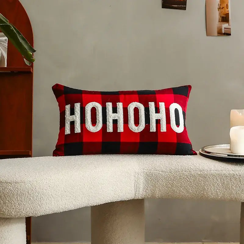Red and black plaid pillow cover with ho ho ho embroidered in white sequins for decorbites christmas cartoon letter decor