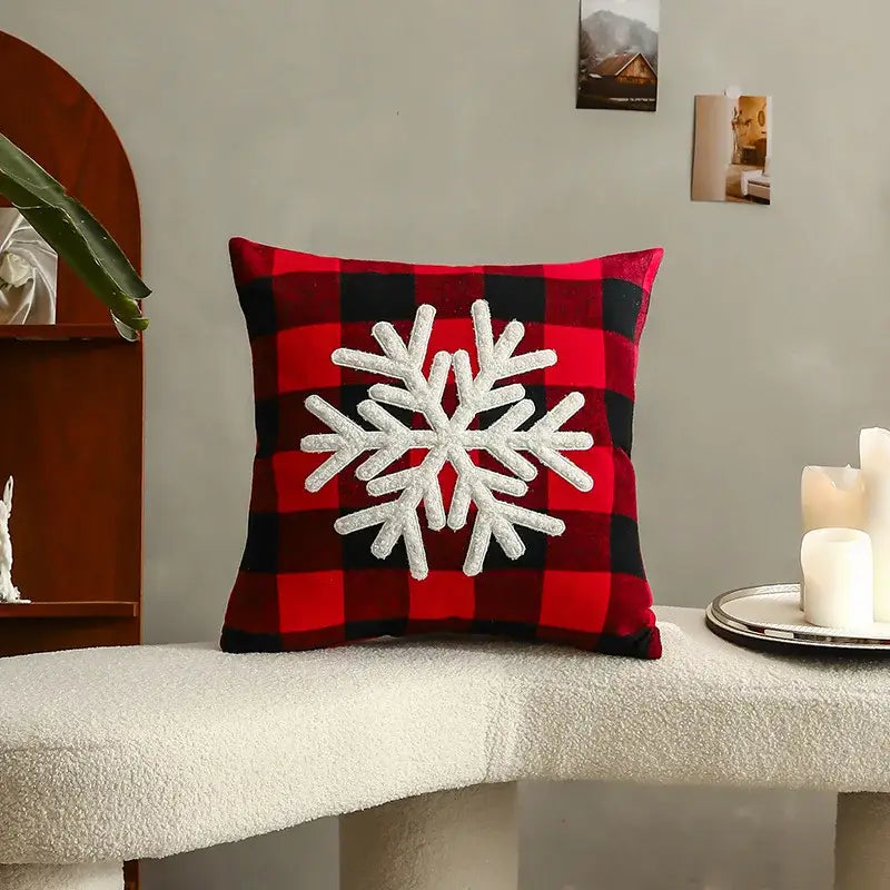 Decorbites christmas cartoon letter pillow cover with red and black plaid and white embroidered snowflake design