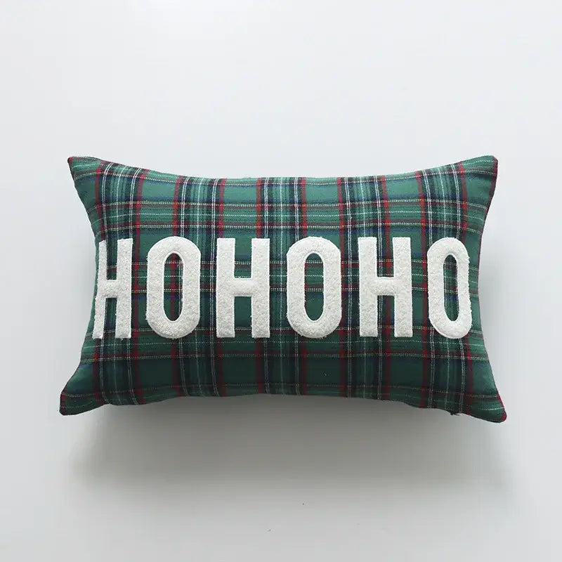 Green plaid pillow cover with white embroidered ho ho ho text from decorbites christmas cartoon letter collection