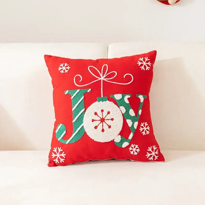 Red holiday pillow cover with green and white embroidered joy and festive ornament by decorbites christmas cartoon