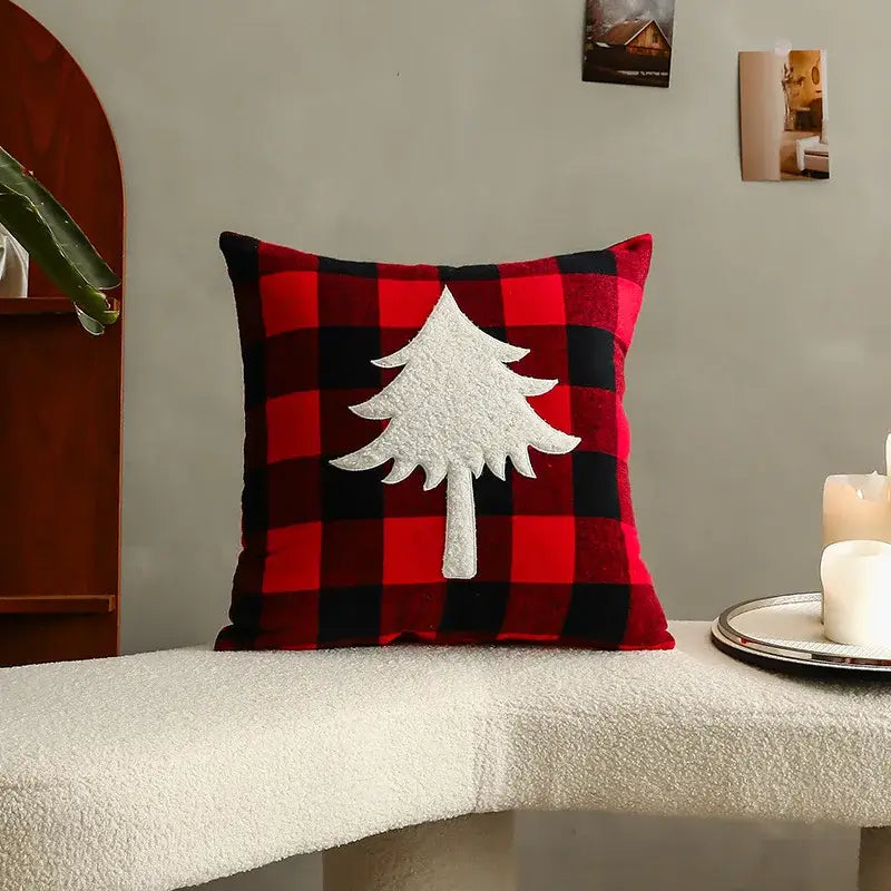 Red and black plaid pillow cover with white felt pine tree appliqué from decorbites christmas cartoon collection
