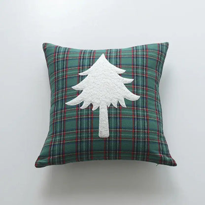 Square pillow cover with green and red plaid fabric and white textured christmas tree appliqué by DecorBites Christmas cartoon