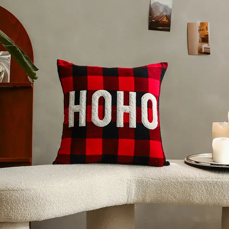 Decorbites christmas cartoon pillow cover in red and black plaid with white embroidered ho ho letters for festive decor