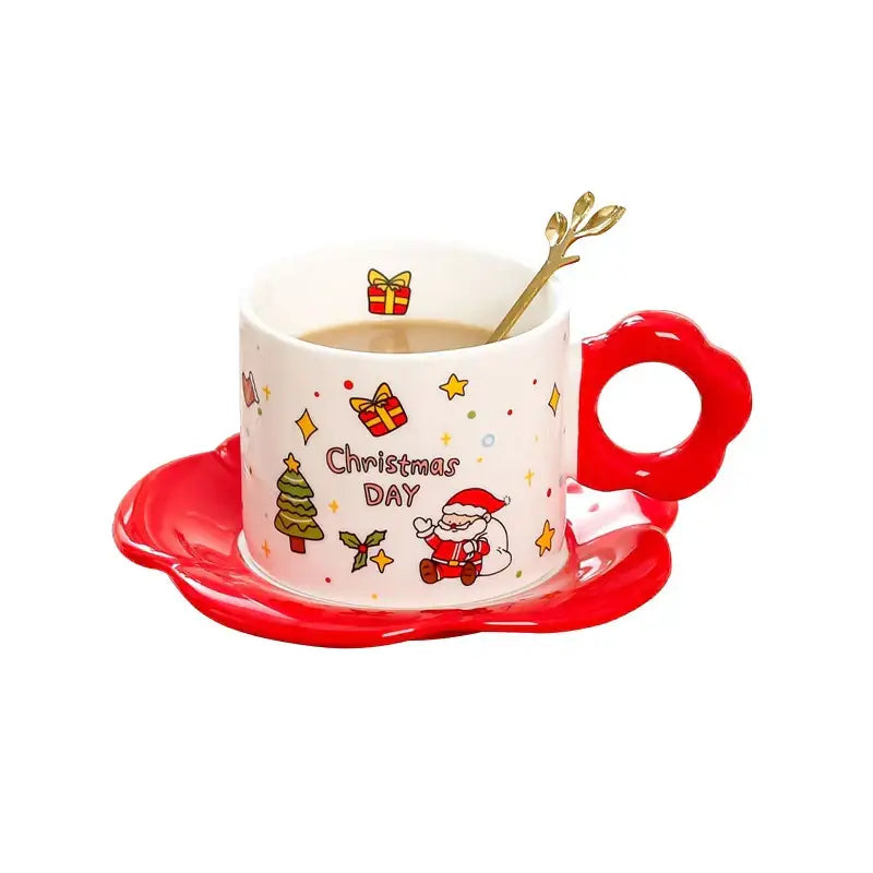 White ceramic mug with red floral handle and matching saucer featuring christmas ceramic santa designs from decorbites christmas ceramic tea set