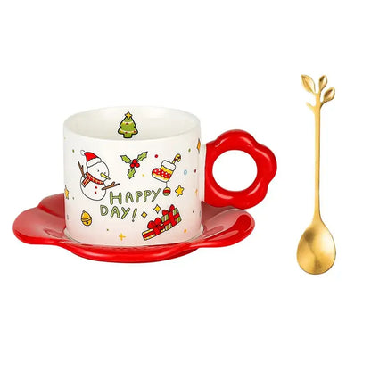 White ceramic mug with red flower handle and festive christmas illustrations in decorbites christmas ceramic tea set