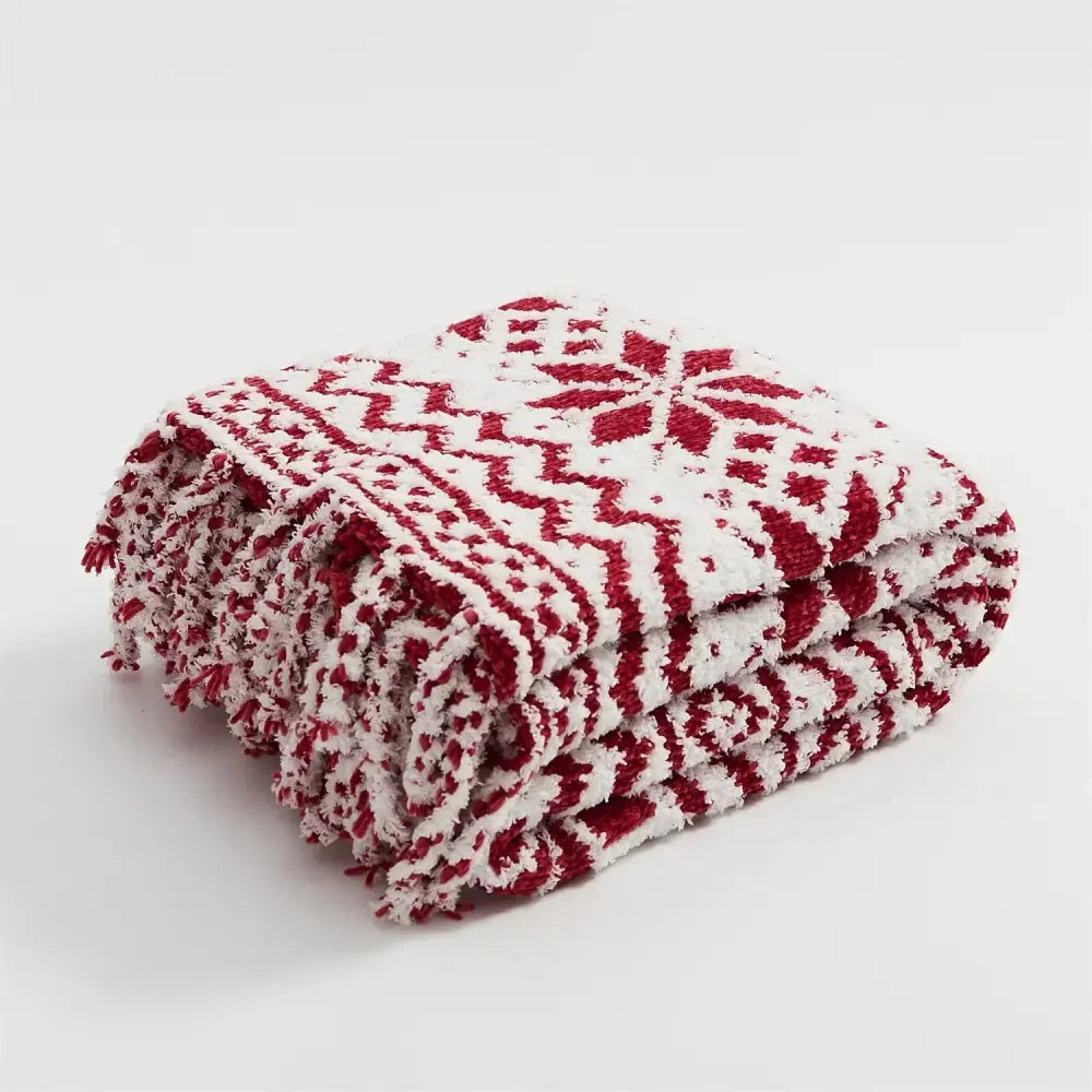Decorbites christmas chunky red and white microfiber chunky knit blanket with festive pattern and fringed edges